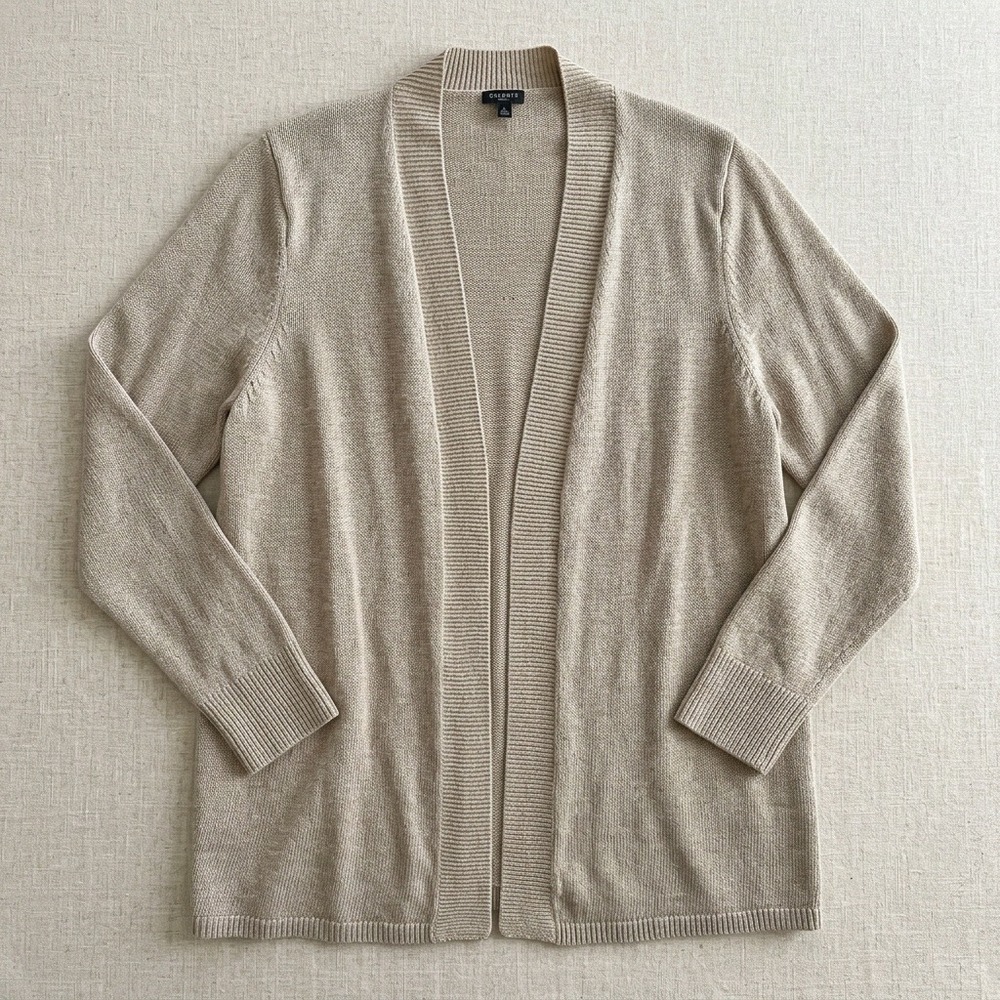 Talbots Cardigan Womens 3X Tan Linen Open Front Shawl Collar Lightweight Classic